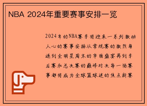 NBA 2024年重要赛事安排一览