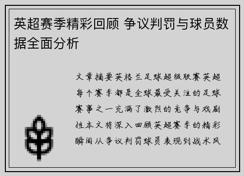 英超赛季精彩回顾 争议判罚与球员数据全面分析