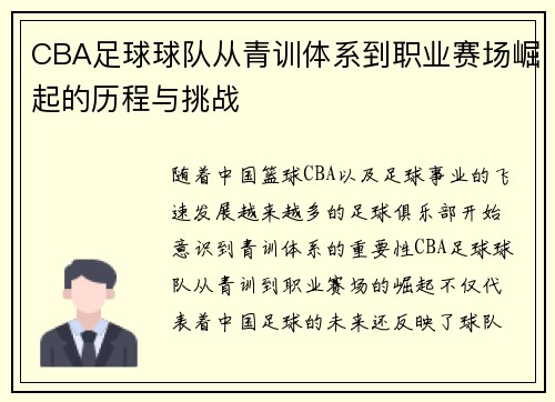 CBA足球球队从青训体系到职业赛场崛起的历程与挑战